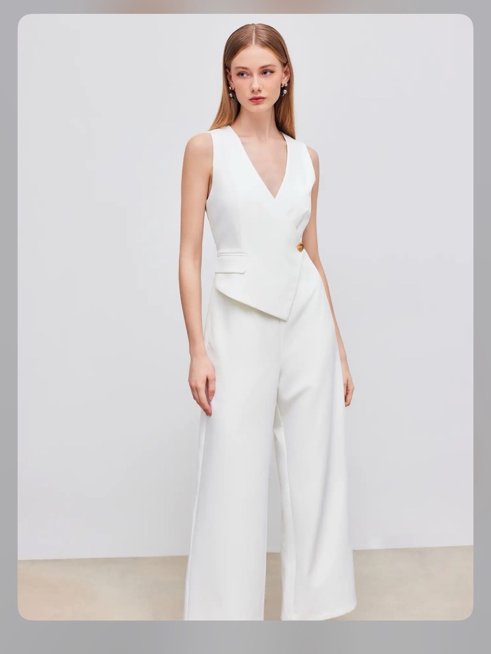 V-NECK SOLID WRAP VEST JUMPSUIT White M - Picture 3 of 11